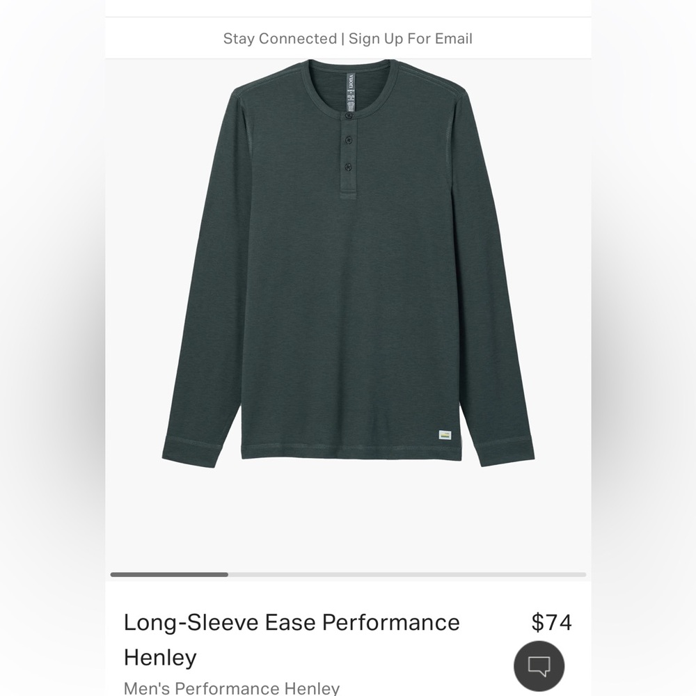 Vuori- Men’s “Long Sleeve ease performance Henley”. XXL. Dark Green